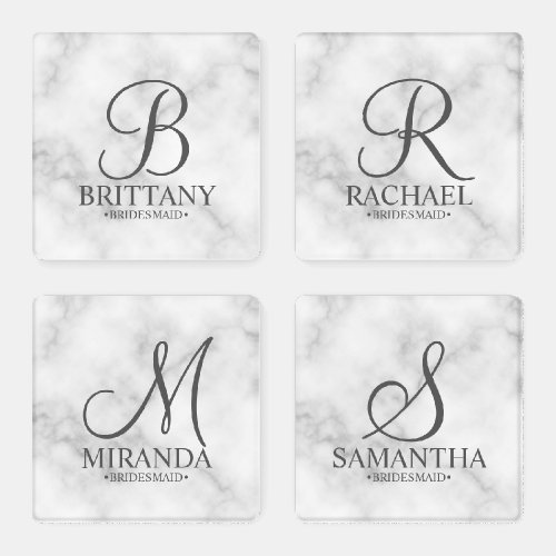 Elegant White Marble Personalized Bridesmaid Coaster Set