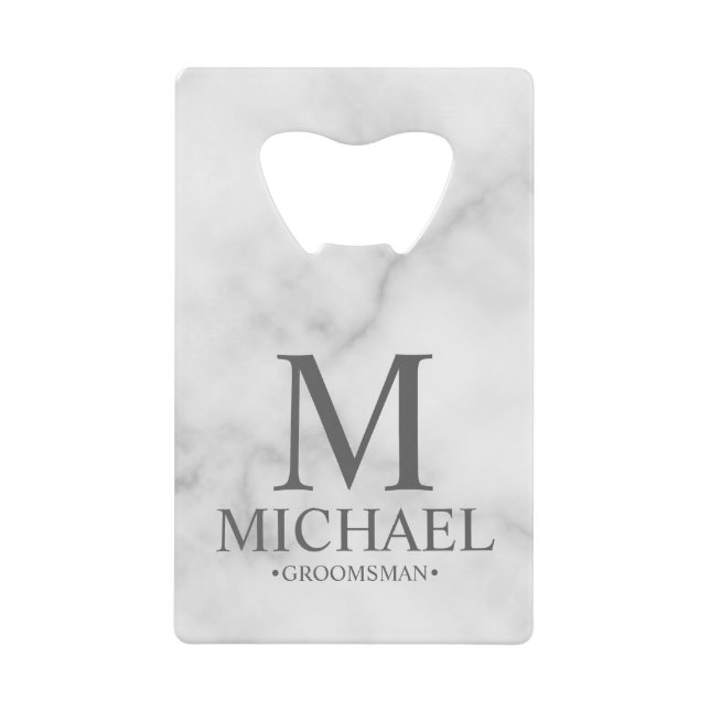 Elegant White Marble Personalized Groomsmen Credit Card Bottle Opener (Front)