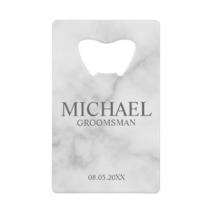 Elegant White Marble Personalized Groomsmen Credit Card Bottle Opener