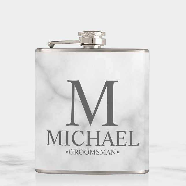 Elegant White Marble Personalized Groomsmen Hip Flask (Creator Uploaded)