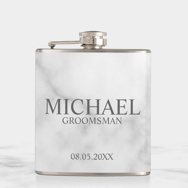 Elegant White Marble Personalized Groomsmen Hip Flask (Creator Uploaded)