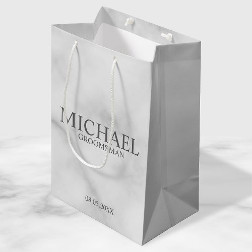 Elegant White Marble Personalized Groomsmen Medium Gift Bag