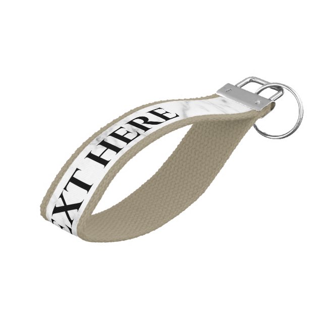 Elegant white marble print custom grosgrain wrist keychain (Angled Up)