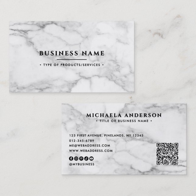 Elegant White Marble QR Code & Socials Business Card (Front/Back)