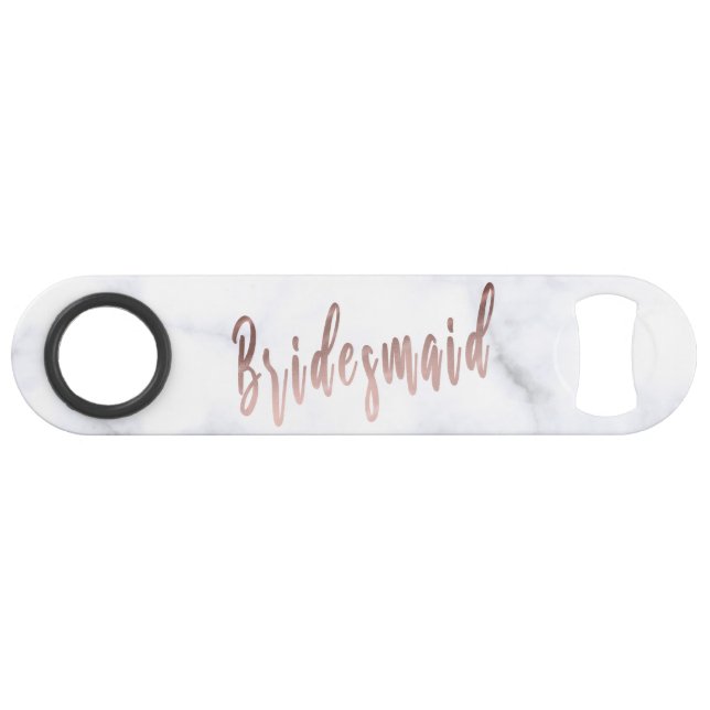 Elegant white marble & rose gold bridesmaid bar key (Front (Horizontal))