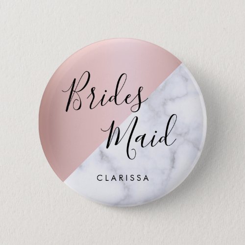 Elegant white marble  rose gold bridesmaid button