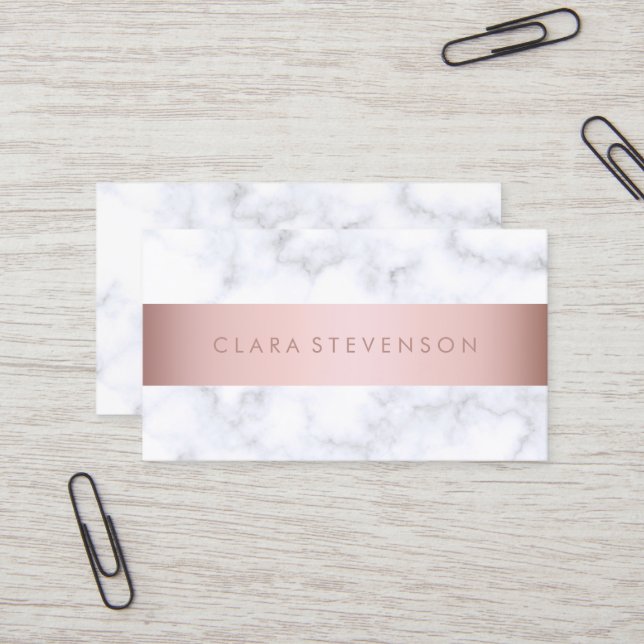 elegant white marble rose gold faux strip business card (Front/Back In Situ)