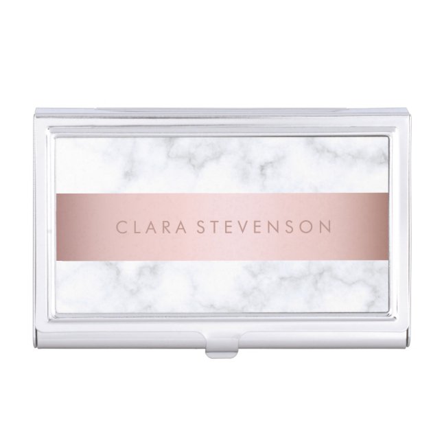 elegant white marble rose gold faux strip business card case (Front)