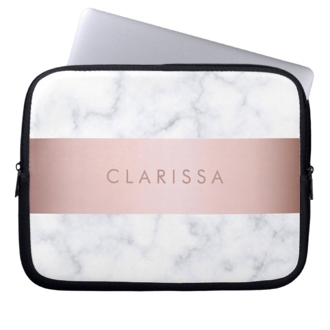 elegant white marble rose gold faux strip laptop sleeve (Front)
