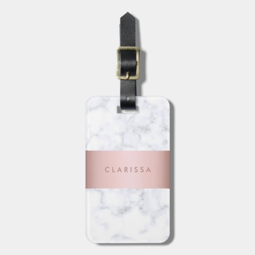 elegant white marble rose gold faux strip luggage tag