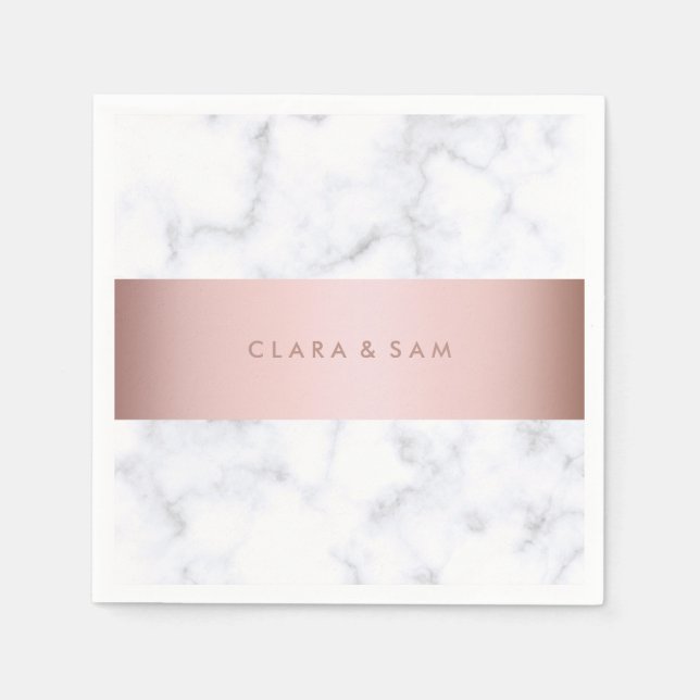 elegant white marble rose gold faux strip paper napkins (Front)