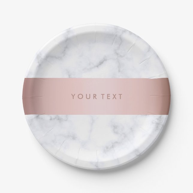 elegant white marble rose gold faux strip paper plates (Front)