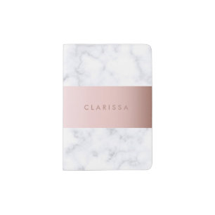 elegant white marble rose gold faux strip passport holder