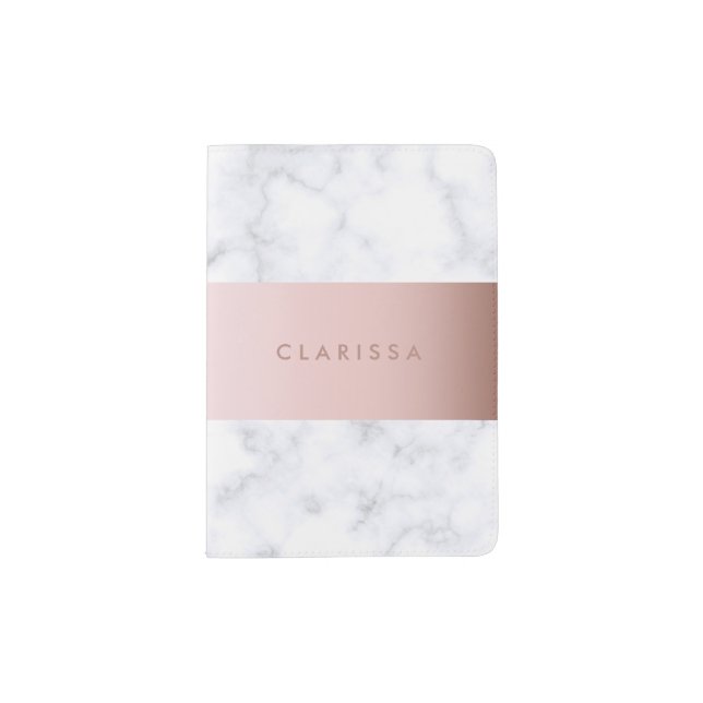elegant white marble rose gold faux strip passport holder (Front)
