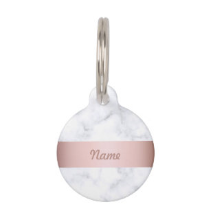 elegant white marble rose gold faux strip pet ID tag