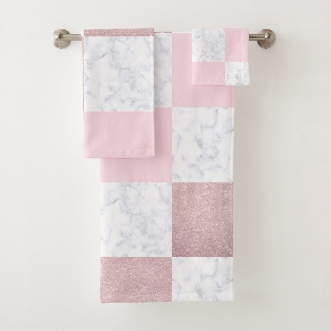Elegant white marble & rose gold glitter checkered bath towel set (Insitu)