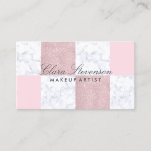 Elegant white marble & rose gold glitter checkered business card