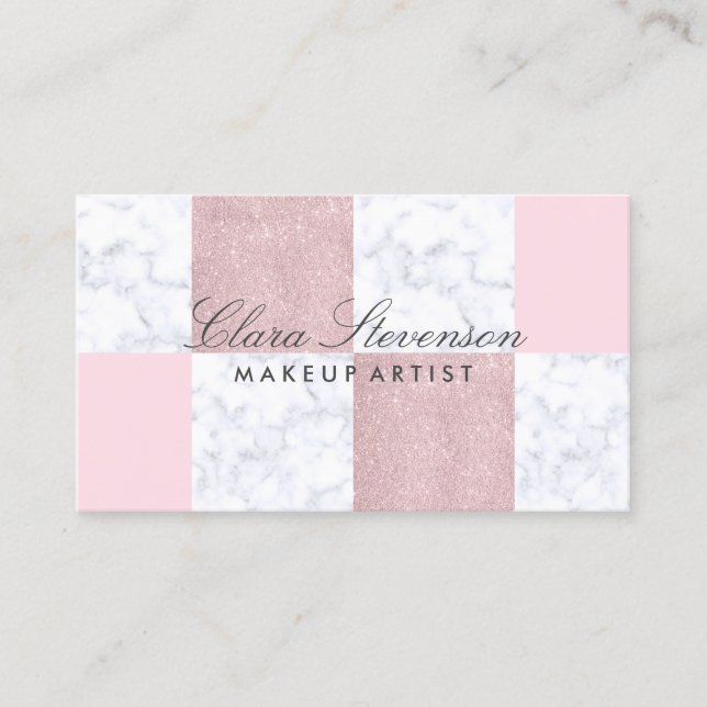 Elegant white marble & rose gold glitter checkered business card (Front)