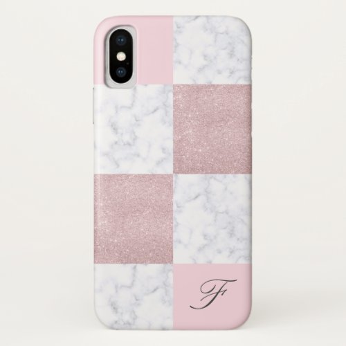 Elegant white marble  rose gold glitter checkered iPhone XS case