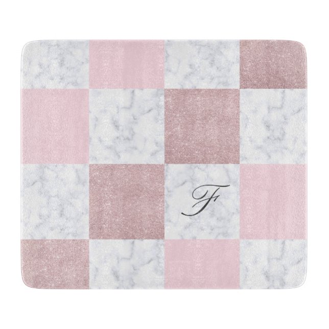 Elegant white marble & rose gold glitter checkered cutting board (Front)
