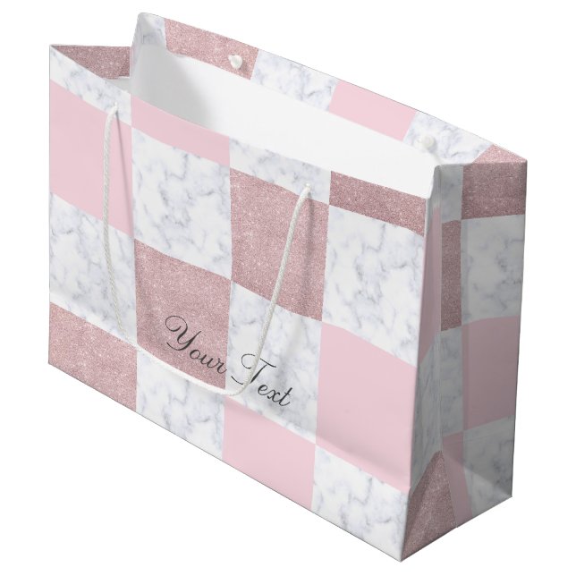 Elegant white marble & rose gold glitter checkered large gift bag (Front Angled)