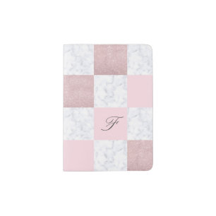 Elegant white marble & rose gold glitter checkered passport holder