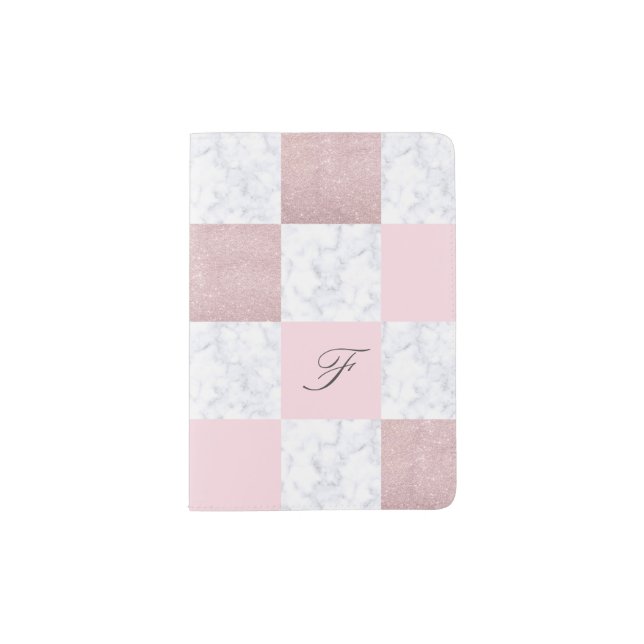 Elegant white marble & rose gold glitter checkered passport holder (Front)