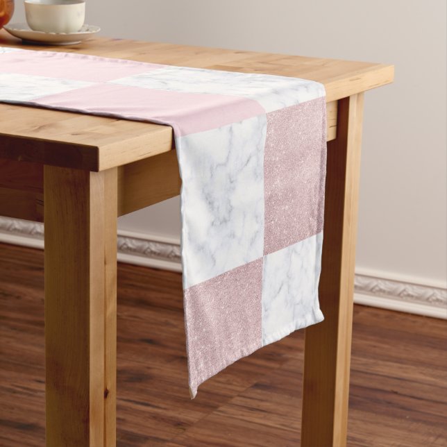Elegant white marble & rose gold glitter checkered short table runner (In Situ)