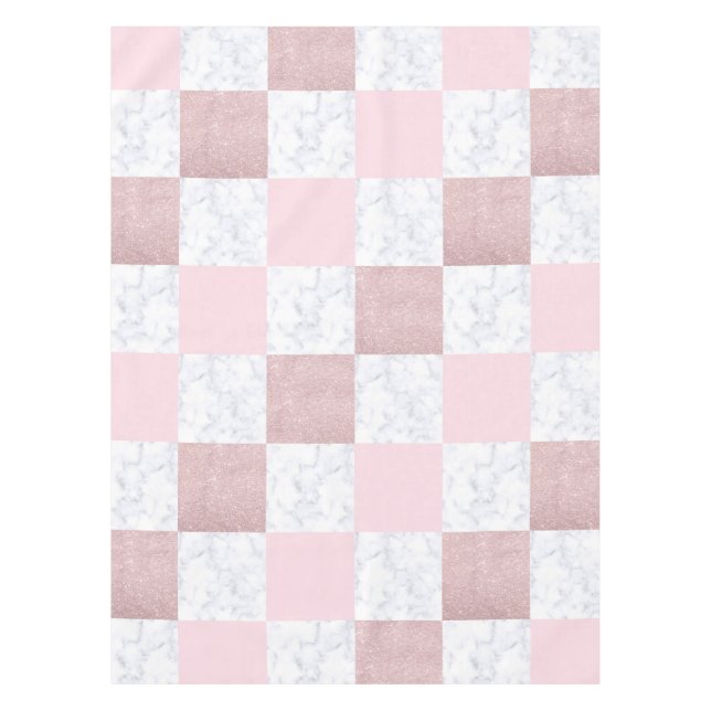 Elegant white marble & rose gold glitter checkered tablecloth (Front)