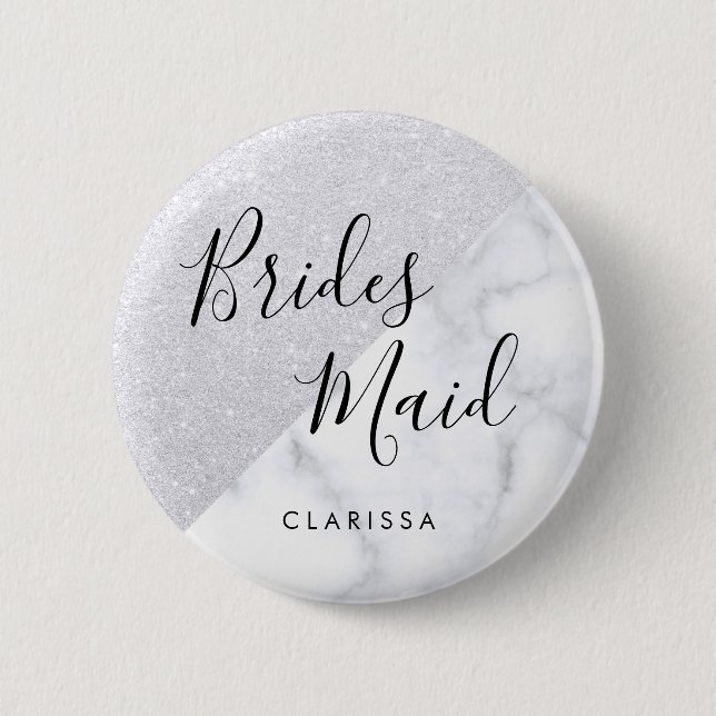 Elegant white marble & silver glitter bridesmaid button (Front)