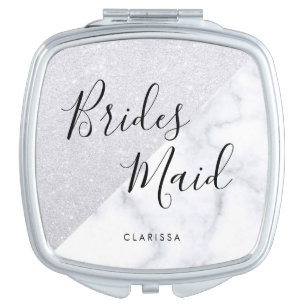 Elegant white marble & silver glitter bridesmaid compact mirror