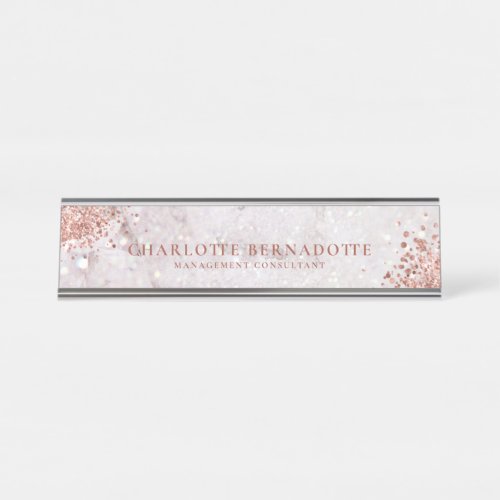 Elegant White Marble Sparkle Rose Gold Glitter Desk Name Plate