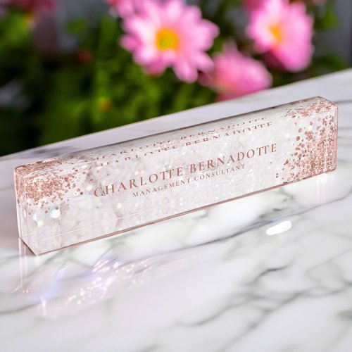 Elegant White Marble Sparkle Rose Gold Glitter Desk Name Plate