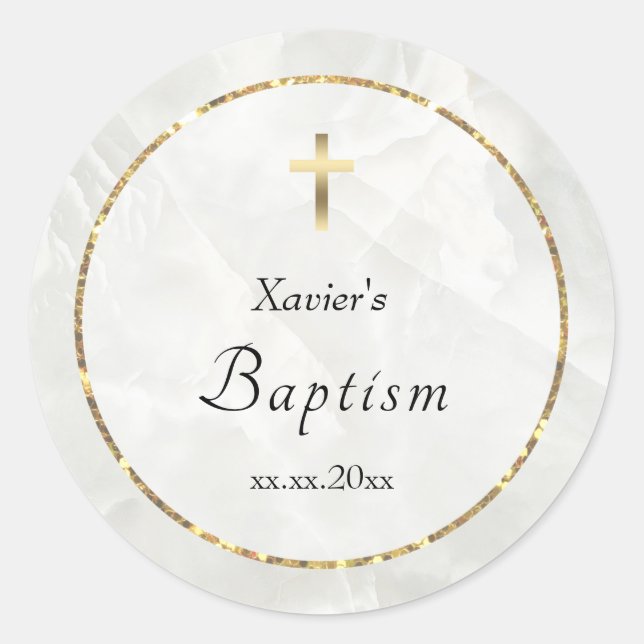 elegant white marble stone Baptism Classic Round Sticker (Front)