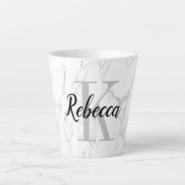 Elegant white marble stone custom monogram latte mug (Front)