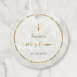 elegant white marble stone First Communion Favor Tags