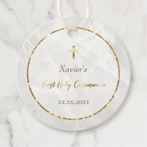elegant white marble stone First Communion   Favor Tags
