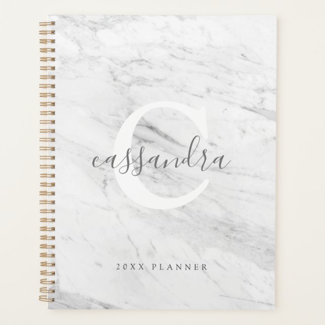 Elegant White Marble Texture Monogram Name  Planner (Front)