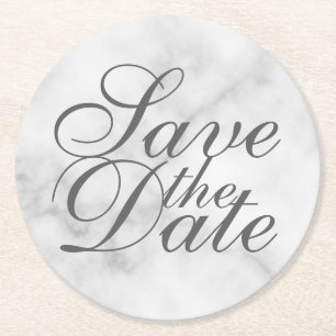 Elegant White Marble Wedding Save the Date Round Paper Coaster