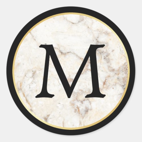 Elegant White Marble with Black  Gold Monogram Classic Round Sticker