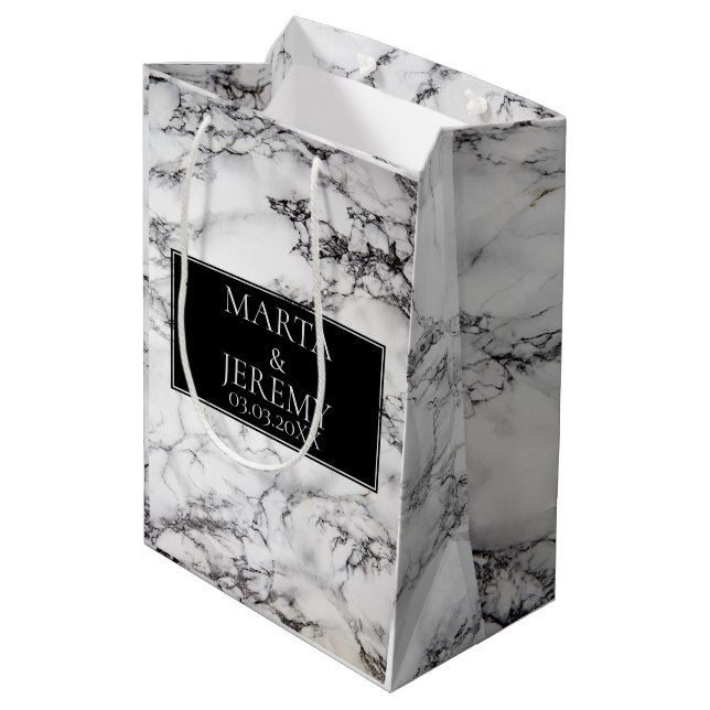 Elegant White Marble With Black Medium Gift Bag (Back Angled)