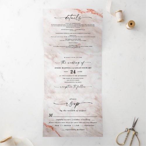 Elegant White Marble with Copper Foil Wedding Tri_Fold Invitation