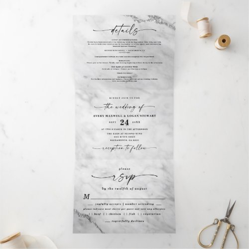 Elegant White Marble with Silver Foil Wedding Tri_Fold Invitation