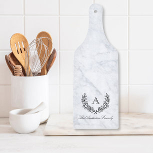 Elegant White Marble Wreath Family Name Glass Cutting Board