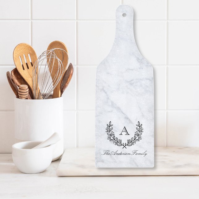 Elegant White Marble Wreath Family Name Glass Cutting Board (Creator Uploaded)