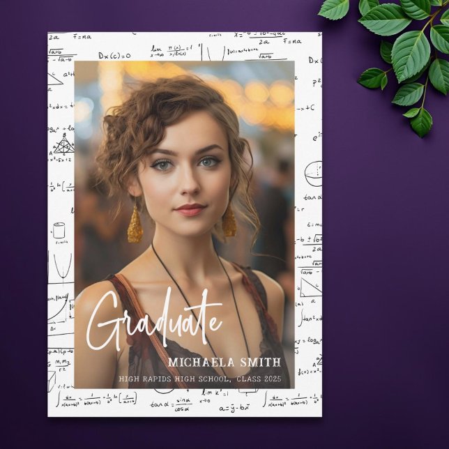 Elegant White Mathematics Script Photo Graduation Announcement (Creator Uploaded)