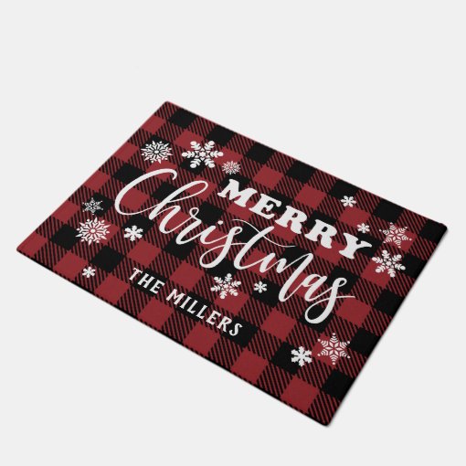 Elegant White Merry Christmas Black & Red Plaid Doormat 