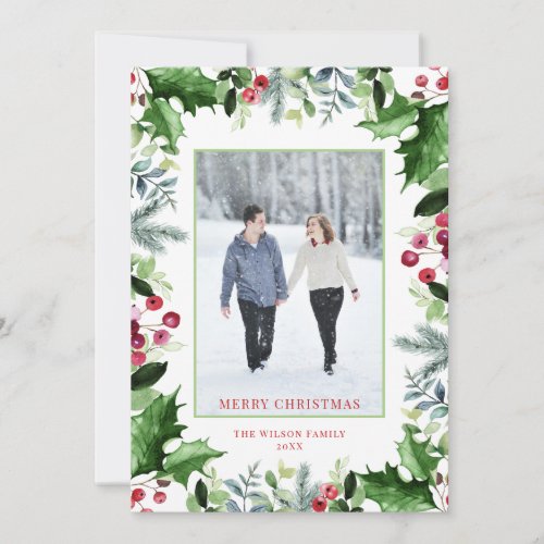 Elegant White Merry Christmas Photo Greenery Holiday Card