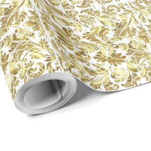 Elegant White & Metallic Gold Floral Damasks Wrapping Paper