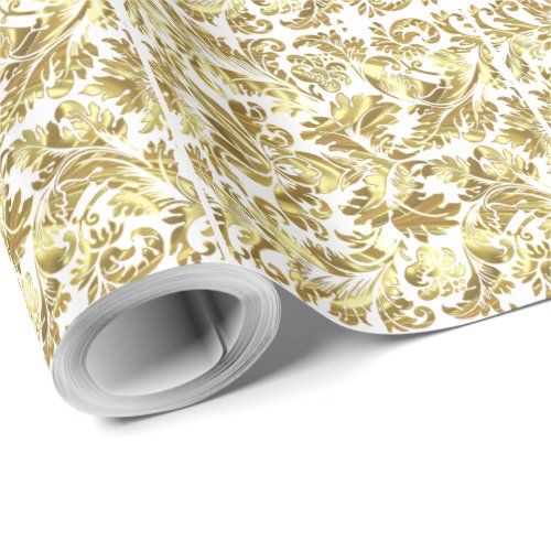 Elegant White  Metallic Gold Floral Damasks Wrapping Paper